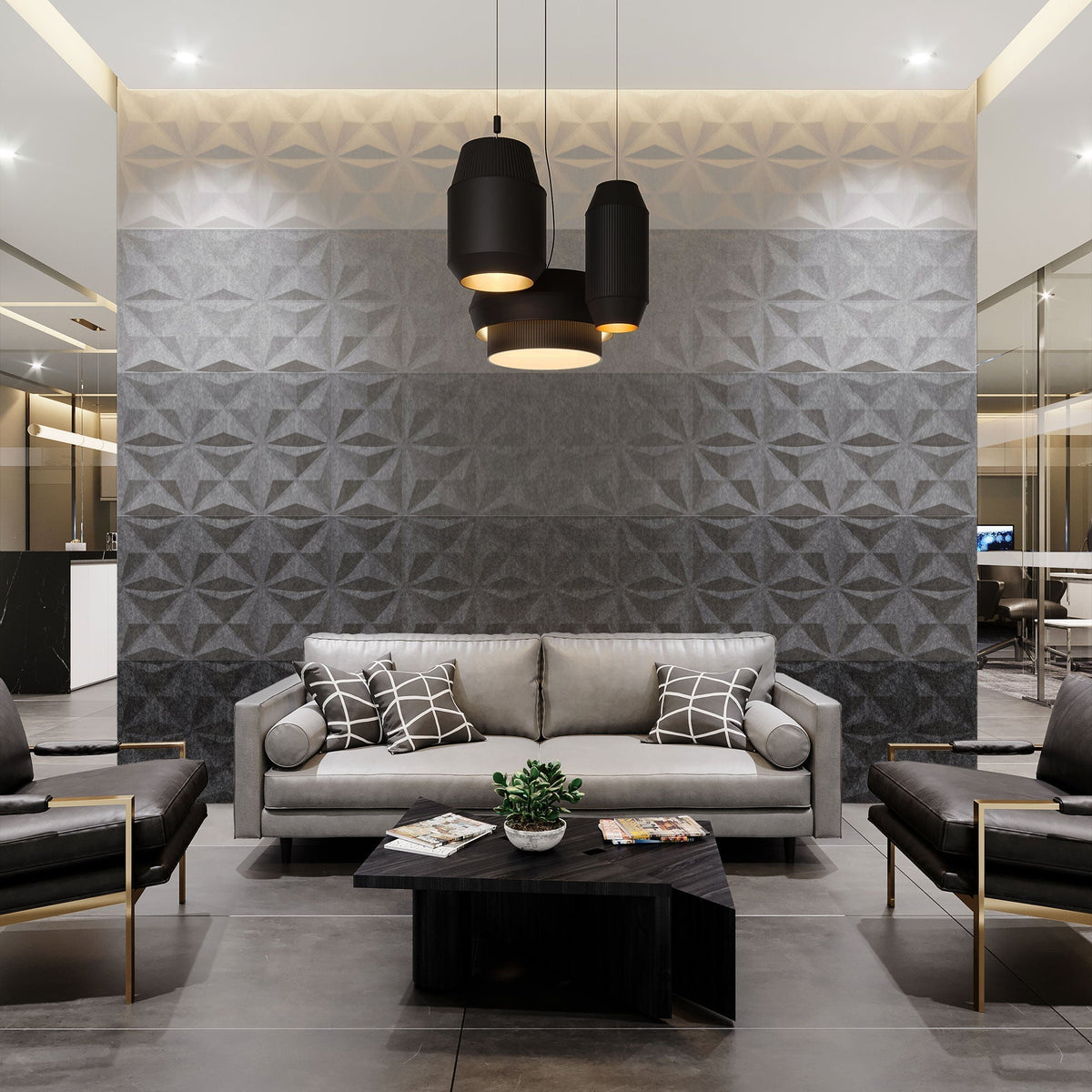 Gray Facet Harmony3D acoustic wall panels behind a sofa in a modern lounge