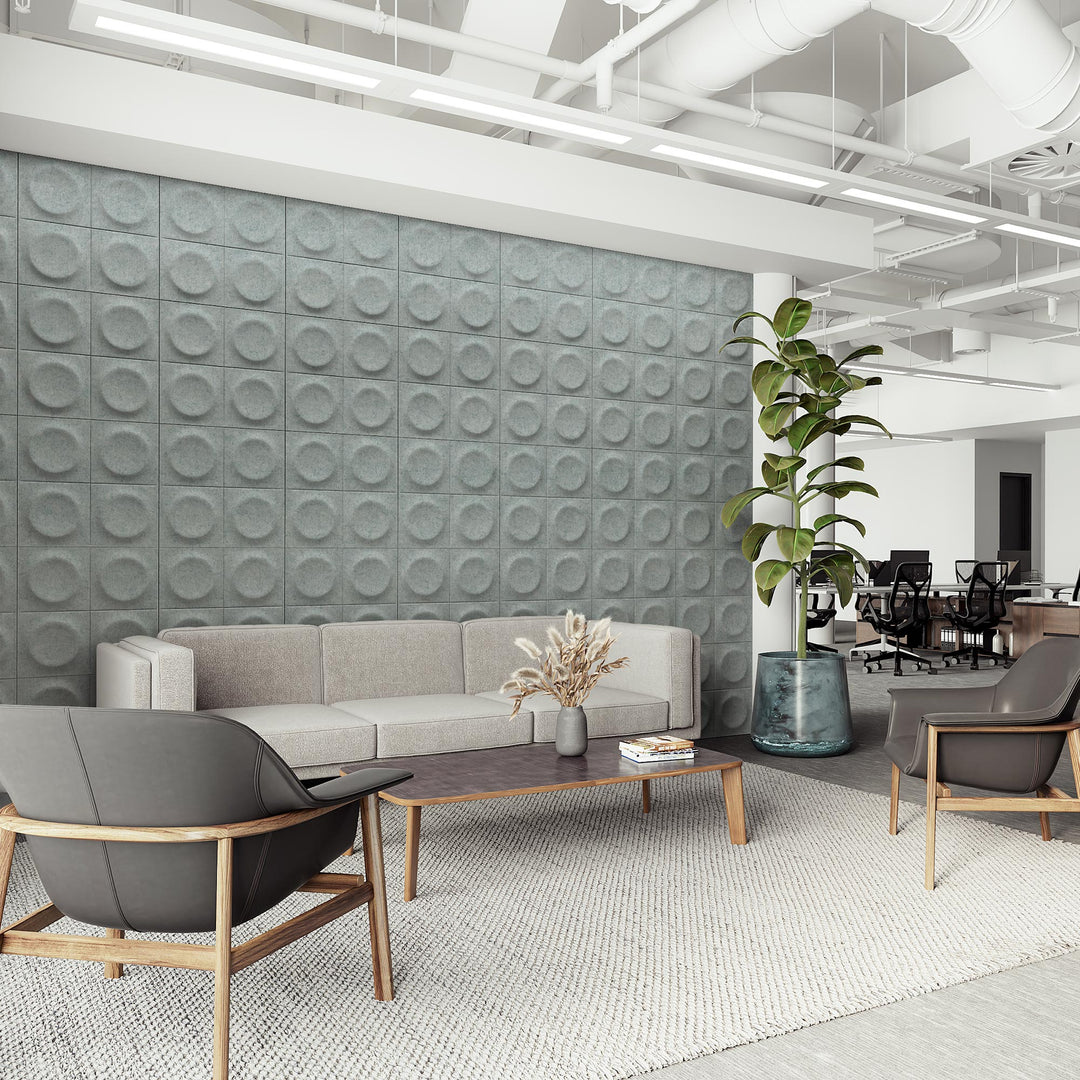 Light gray Cirque Harmony3D 3D acoustic wall panels in a contemporary office lounge