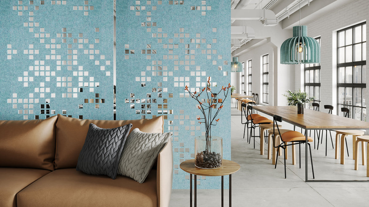 Scatter HarmonyDIVDR hanging acoustic room dividers in Seafoam felt
