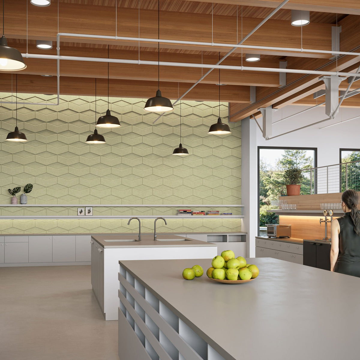 Sand Cantilever HarmonyCARV acoustic felt wall tiles in a contemporary hospitality kitchen