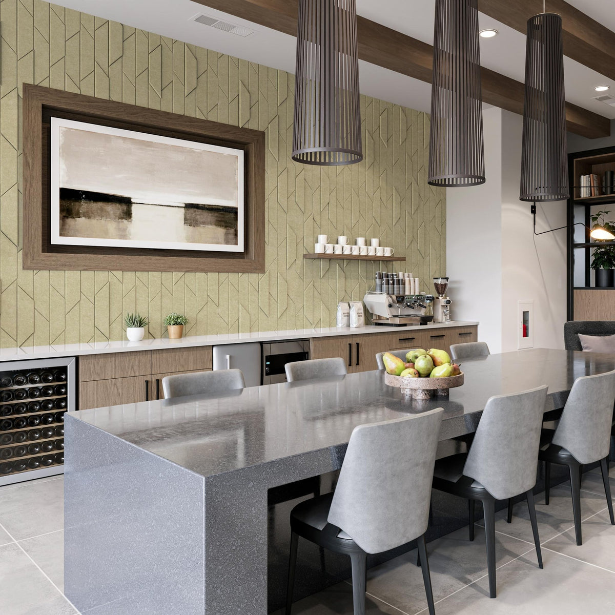 Green End Grain HarmonyCARV acoustic felt wall tiles behind a modern hospitality bar