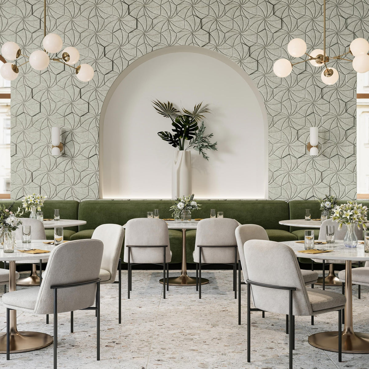 Kaleidoscope HarmonyCARV acoustic felt wall tiles in an elegant restaurant dining room