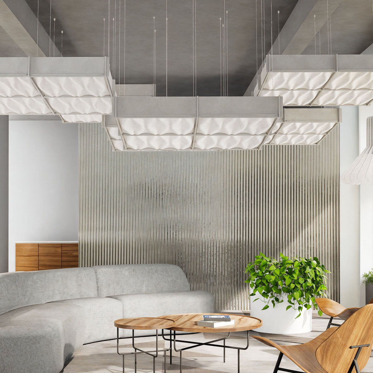 Origami Harmony3D BAFFL acoustic ceiling baffles with dimensional PET felt panels