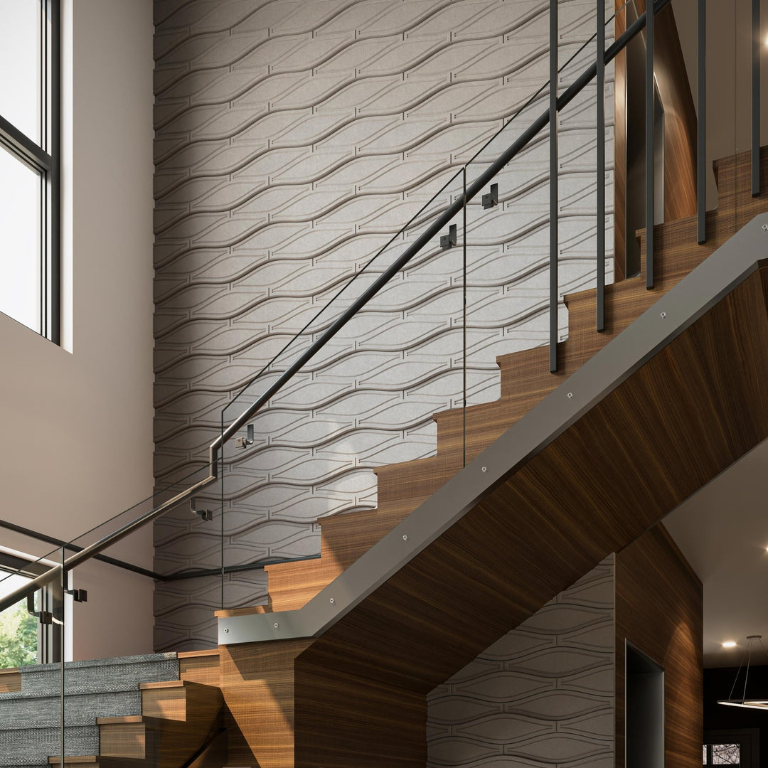 Close view of Origami HarmonyCARV felt tiles on a stairwell wall.