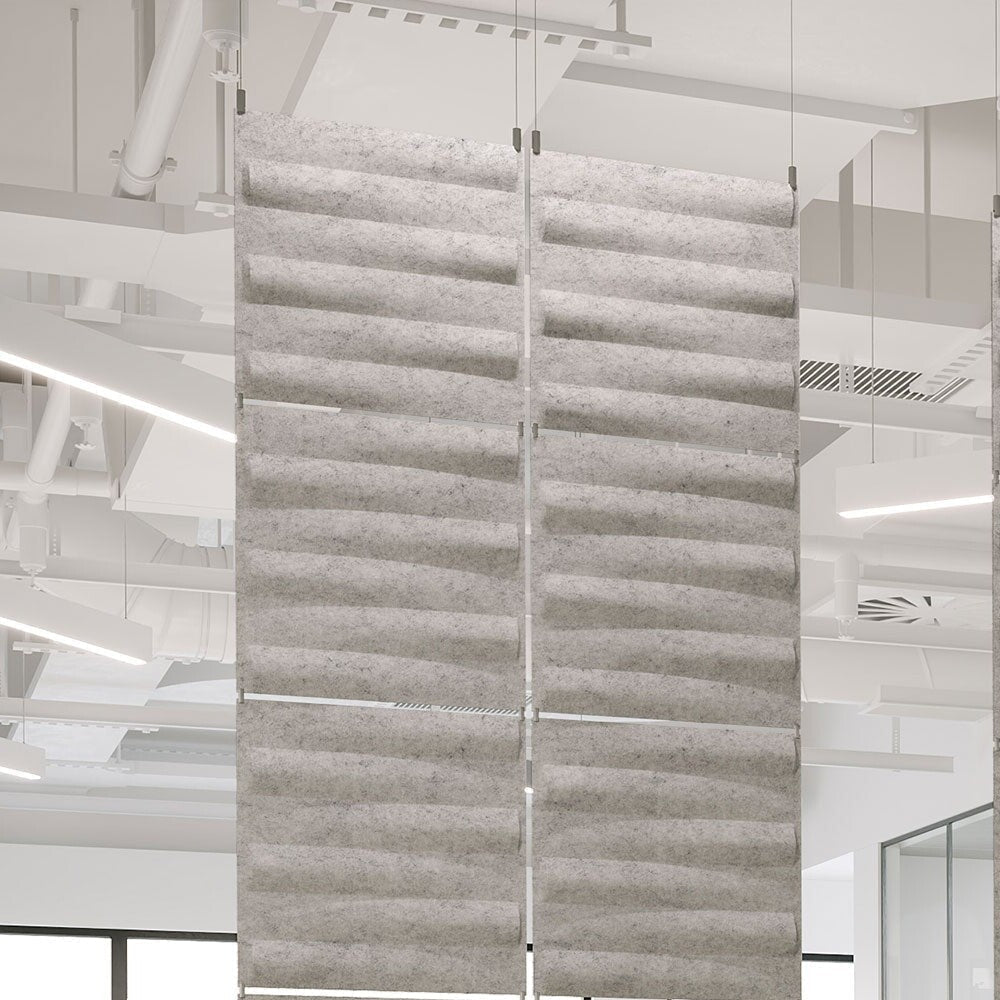 Close view of light gray Seesaw Harmony3D hanging acoustic panels with a staggered horizontal pattern