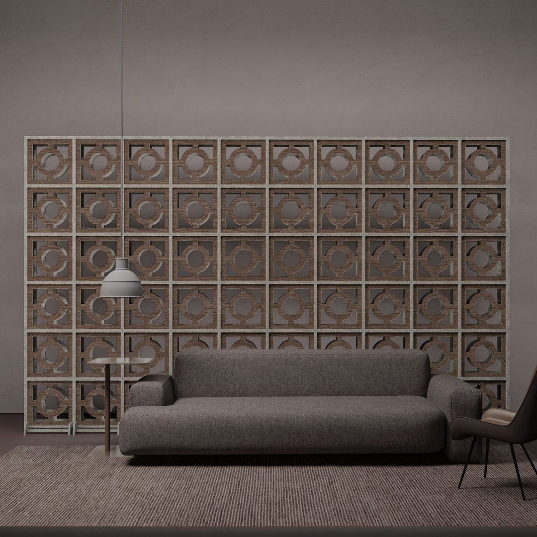Sprue HarmonyBLOKS walnut room divider in a modern lounge.