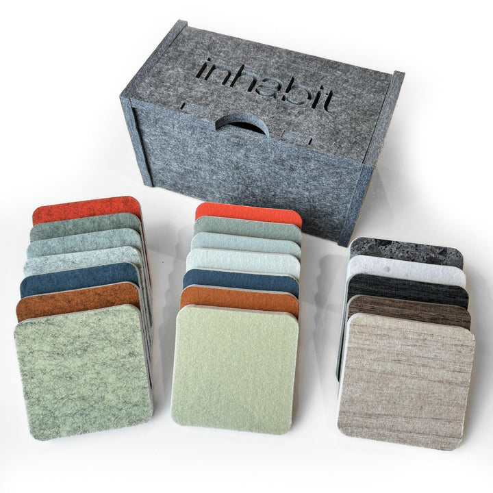 Harmony printed wood-grain and terrazzo felt sample box by Inhabit
