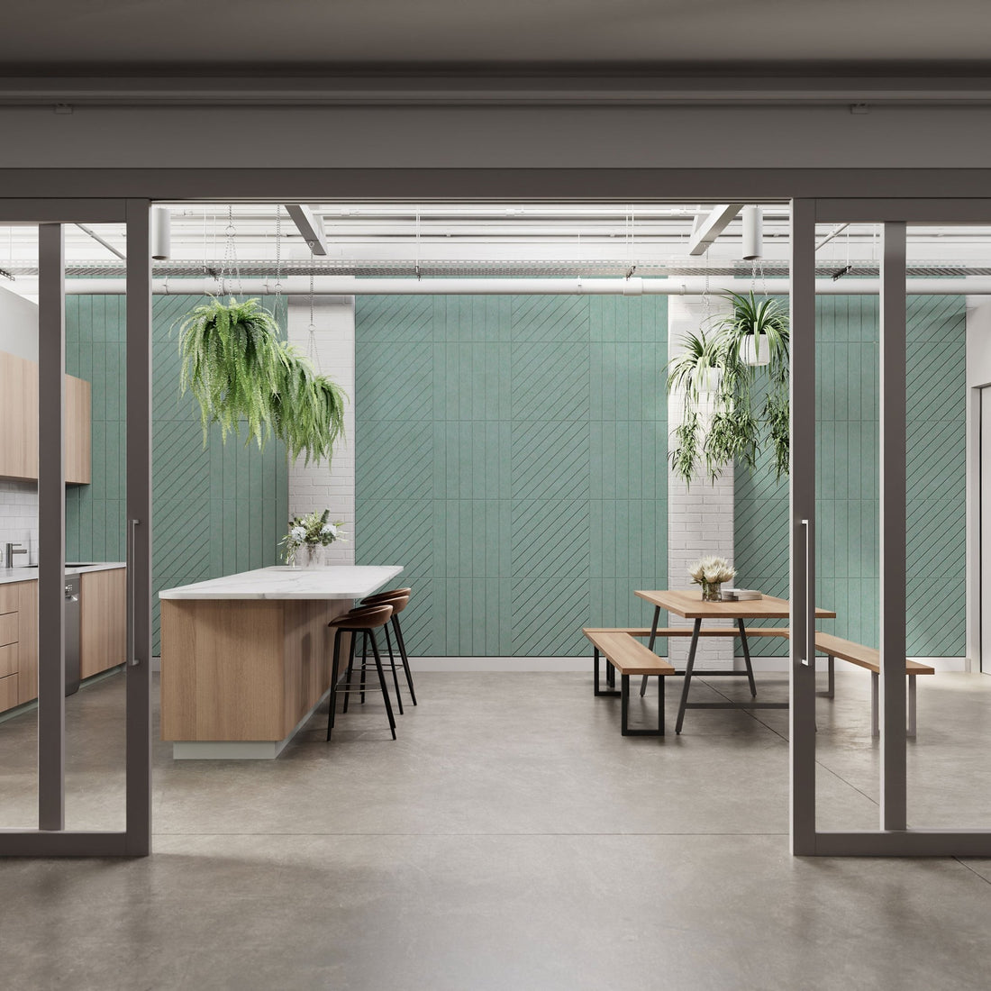 Level HarmonyCARV acoustic felt wall panels on a green conference room wall