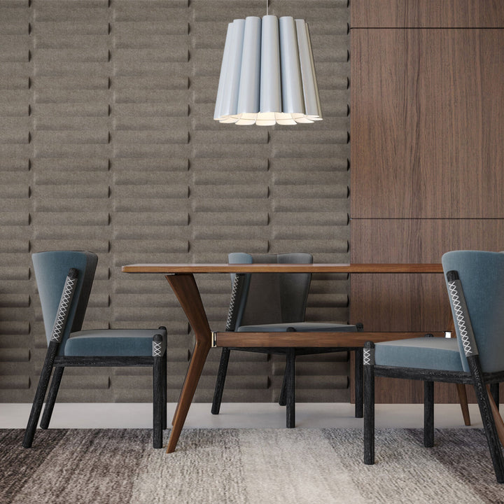 Taupe Seesaw Harmony3D 3D acoustic wall panels behind a table in a modern dining area