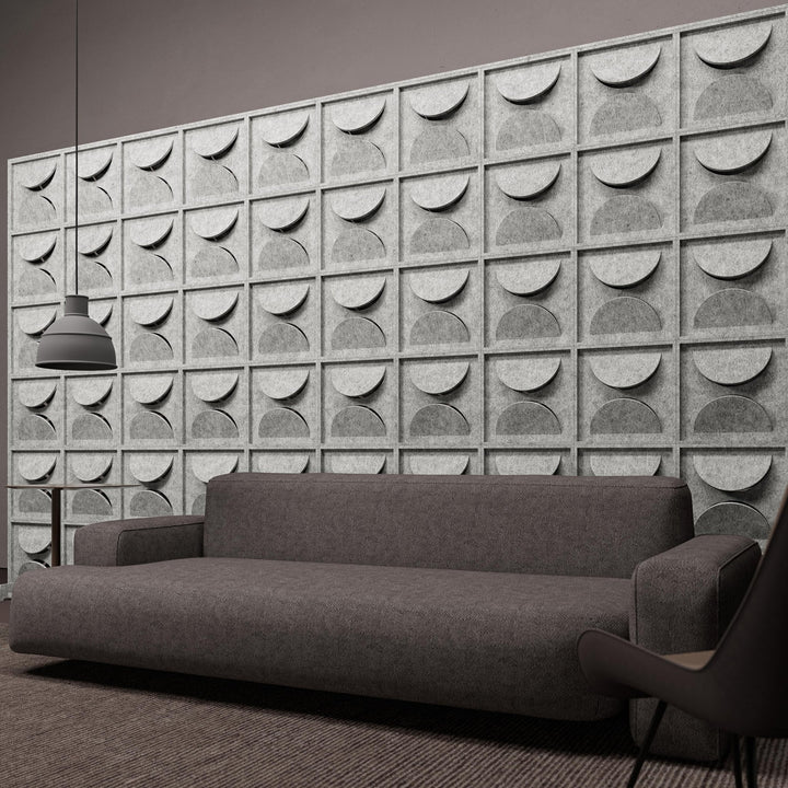 Angled view of Semi HarmonyBLOKS felt acoustic room divider.